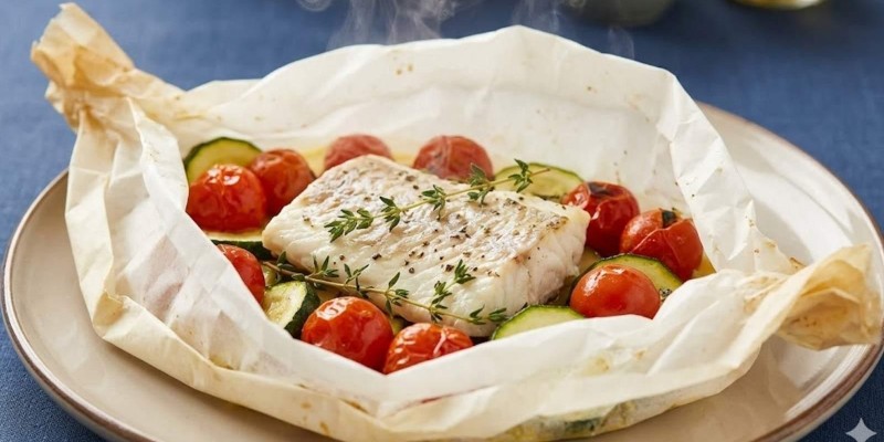 Peixe Branco em Papelote com Legumes Baby