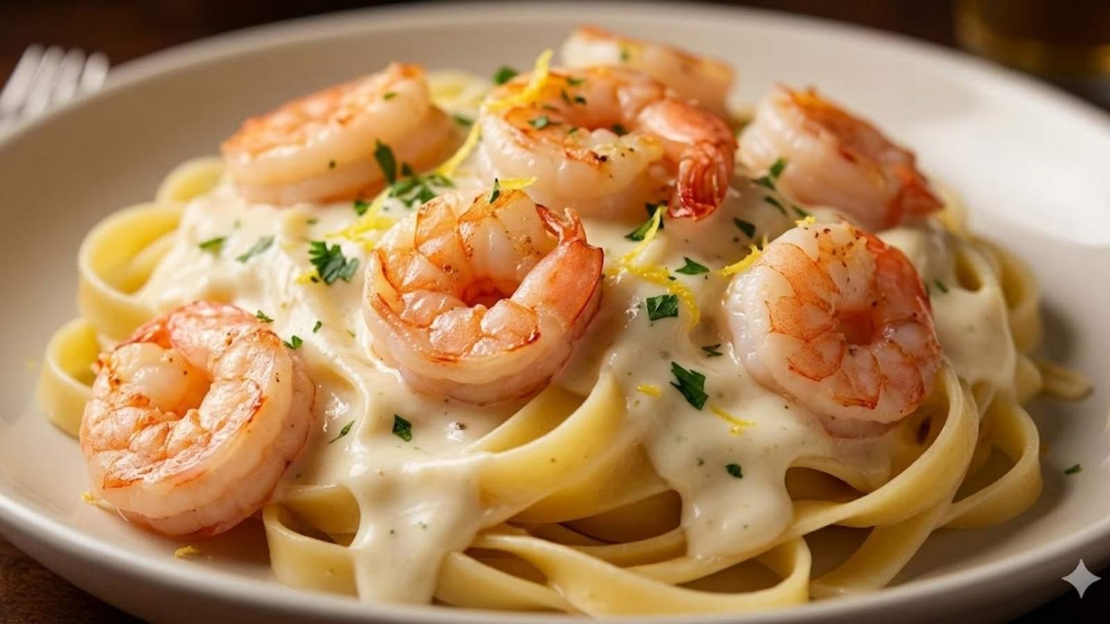Fettuccine ao Creme de Limão Siciliano e Camarões Grelhados