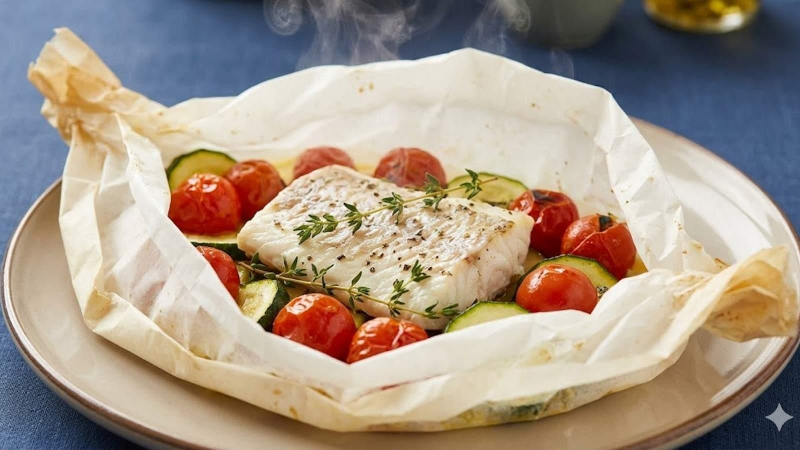 Peixe Branco em Papelote com Legumes Baby